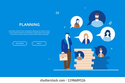 Planning - flat design style colorful web banner on blue background with copy space for your text. A composition with businessman talking on a phone with colleagues, online conversation, pile of coins