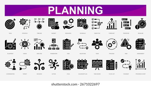 Symbol-Set planen. Vektorgrafik.Ziel, Strategie, Zeitachse, Budget, Ressource, Zeitplan, Ziel, Prognose, Priorisierung, Frist. Vektorgrafik