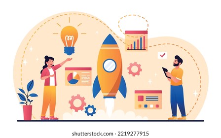 Planning growing business. Man and woman evaluating graphs and diagrams, characters near rocket. Team launches startup, works on common project. Marketing research. Cartoon flat vector illustration