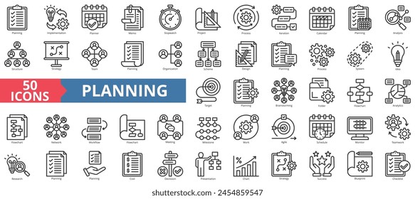 Planning icon collection set. Containing implementation, planner, memo, stopwatch, project, process, iteration icon. Simple line vector.