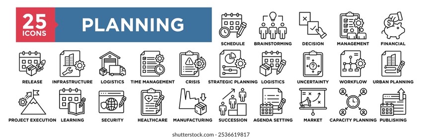 Conjunto de coleta de ícone do Planning. Contendo negócios, planos, conceitos, planejamento, marketing e gerenciamento de projetos