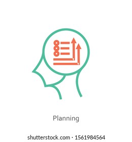 Planning icon concept with arrow lines in the drawing of human brain isolated on white background, vector and illustration.