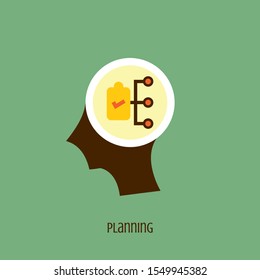 Planning icon concept in the drawing of human brain isolated on green background, vector and illustration.