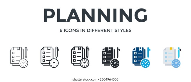 Planning Icon In Different Style Vector Illustration. Designed In Thin Line, Regular Line, Bold Line, Glyph, Color Fill, And Flat Style Can Be Used For Web