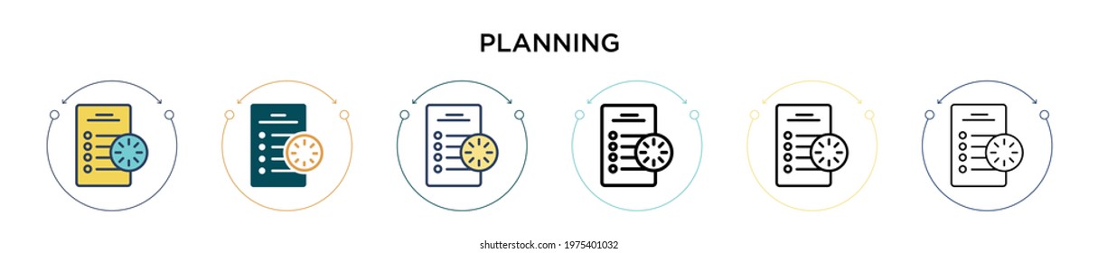 Planning icon in filled, thin line, outline and stroke style. Vector illustration of two colored and black planning vector icons designs can be used for mobile, ui, web