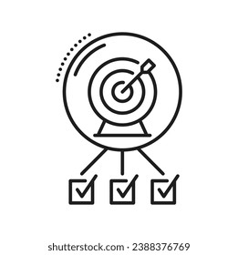 Planning icon. Project, goal, management and schedule symbol. Isolated vector linear sign with aim and tick marks, represents strategic coordination and structured execution in achieving objectives