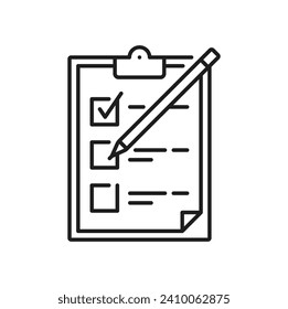 Planning icon. Project, goal, management and schedule symbol. Isolated vector linear clipboard with pen putting check marks into empty boxes. To-do list, time management, timesheet