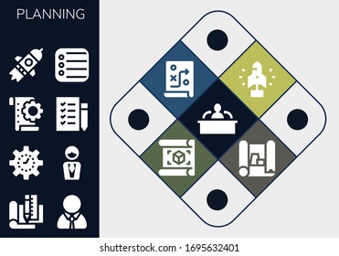 planning icon set. 13 filled planning icons. Included Interview, Plan, Manager, Management, Planning, Shopping list, Startup, Reminder, Scheme icons