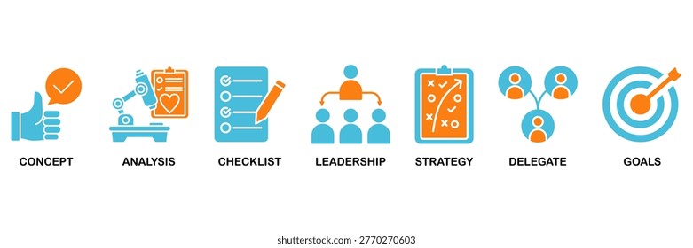 Planning icon set Aqua Orange Flat concept for concept, analysis, checklist, leadership, strategy, delegate and goals
