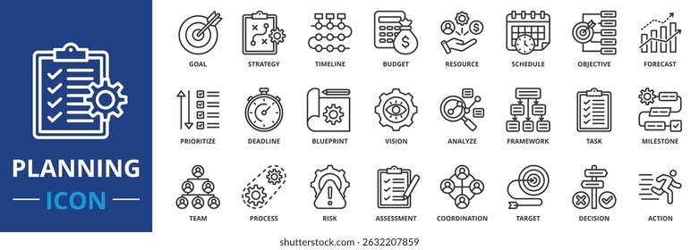 conjunto de ícones de planejamento coleta no estilo outline. um pacote de ícones contém meta, estratégia, cronograma, orçamento, recurso, programação, objetivo, previsão, priorizar, prazo