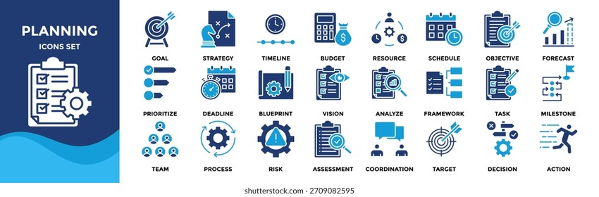 Coleção de conjuntos de ícones do Planning. um pacote de ícones contém meta, estratégia, cronograma, orçamento, recurso, programação, objetivo, previsão, priorizar, prazo