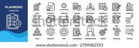 Planning icon set collection. an icon pack contain goal, strategy, timeline, budget, resource, schedule, objective, forecast, prioritize, deadline