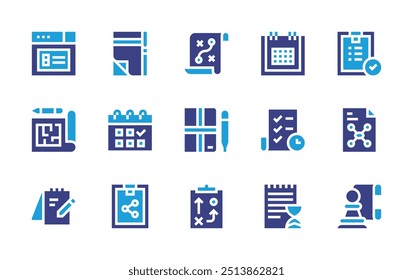 Planning icon set. Duotone color. Vector illustration. Containing strategy, planning, strategicplanning, checklist, calendar, hourglass, sharing, notebook.