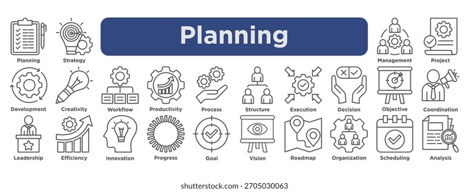 planning icon set featuring strategy, workflow, productivity, process, management, objectives, scheduling, and analysis in vector outline style. 