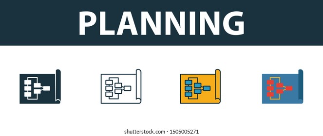 Planning icon set. Four elements in diferent styles from soft skills icons collection. Creative planning icons filled, outline, colored and flat symbols.