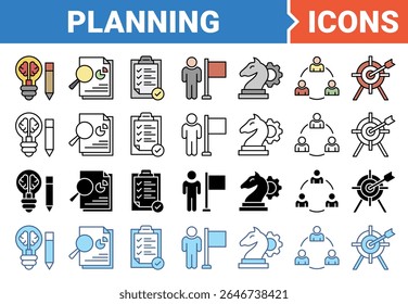 Planning icon set with multiple style collection.
