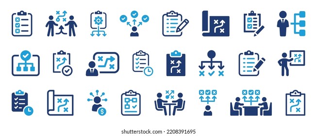 Juego de iconos de planeación. Colección de símbolos de vector de plan. Ilustración del concepto de estrategia empresarial.