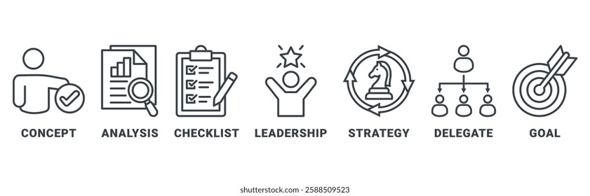 Planning icon set vector illustration concept with icon of concept, analysis, checklist, leadership, strategy, delegate, goal