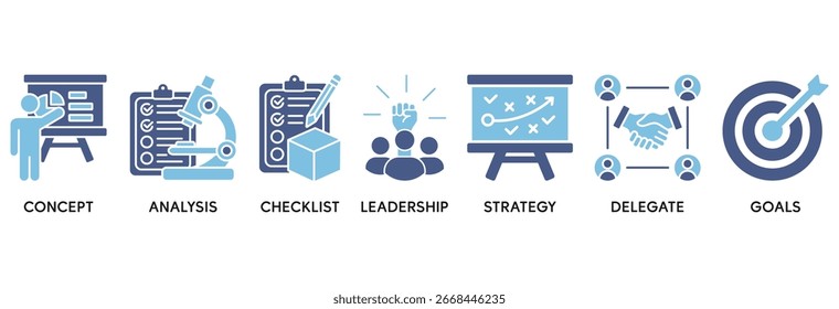 Concepto de Ilustración vectorial de conjunto de iconos de planificación relacionado con el concepto, análisis, lista de comprobación, liderazgo, estrategia, delegado y objetivos