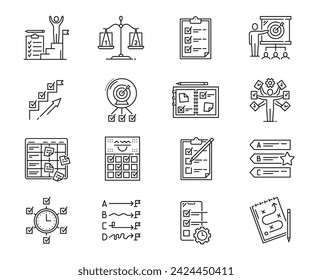 Iconos de Planning. Símbolos de proyecto, objetivo, administración y programación. Vector plan de negocios y la implementación de la estrategia, misión de marketing, plan de acción y para hacer portapapeles de lista, focalización, logro de objetivos