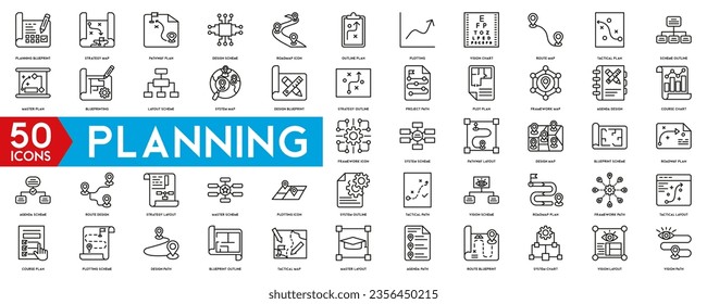 Planning icons set. Planning Blueprint, Strategy Map, Pathway Plan, organisation. Linear icon collection.. Vector illustration