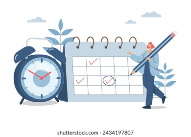 Planning important appointments, Scheduling activities or tasks, Schedule or business project management calendar, Business woman holds pencil with appointment calendar and alarm clock. Vector design.