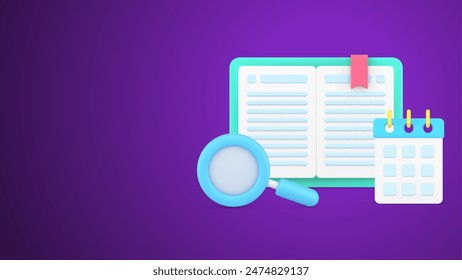 Planning important business deadline with schedule or reading interesting book with magnifying glass 3d icon isometric vector illustration. Analyzing statistic searching research information isolated