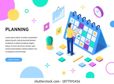 Planning isometric concept illustration for website landing page. Man stands at a huge calendar and plans his schedule. Planning and success concept. Stock vector illustration