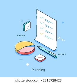 Planning isometric concept vector illustration. Commercial strategy creation. Data analytics processes cartoon composition for web design. Creative idea for website, mobile, presentation