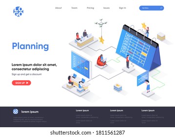 Planning isometric landing page. Business planning, organizing work activities and tasks isometry concept. Time management and high productivity flat design. Vector illustration with people characters