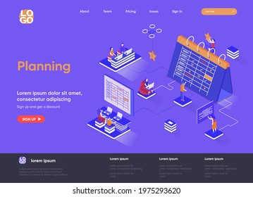 Planning isometric landing page. Business planning, organizing work activities and tasks isometry concept. Time management and high productivity flat design. Vector illustration with people characters