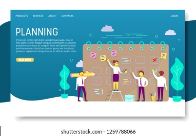 Planning landing page website template. Vector illustration of office people business team scheduling their daily routine work. Calendar with stickers, check marks. Planning schedule timeline concept.