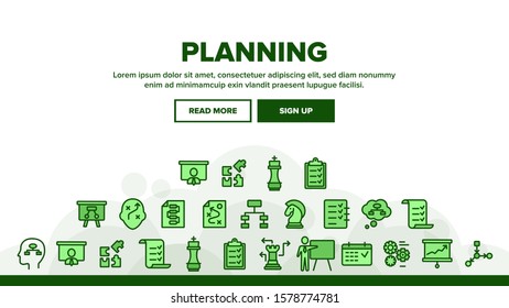 Planning Landing Web Page Header Banner Template Vector. Chess Figures And Presentation, Mechanism Gears And Presenting Strategic Planning Illustration