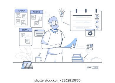 Planning line concept with people scene in the flat cartoon style. Man makes a list of things that need to be done. Vector illustration.