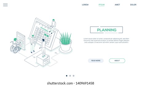 Planning - line design style isometric web banner on white background with copy space for text. A header with business team, male, female colleagues, standing next to a big calendar, plant, calculator