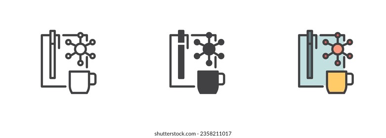 Lista de planeación y taza de café conjunto de iconos de estilo diferente. Línea, glifo y contorno relleno versión colorida, contorno y signo vectorial relleno. Símbolo, ilustración del logotipo. Gráficos vectoriales