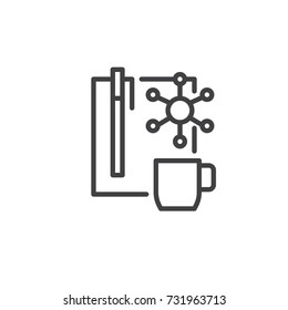 Planning list and cup of coffee line icon, outline vector sign, linear style pictogram isolated on white. Symbol, logo illustration. Editable stroke