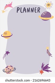 Planning list with space. Planner with spaceships, stars and planets. Template for agenda, schedule, notebooks, cards. Cartoon Vector illustration.