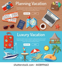 Planning Luxury Vacation and Tourism Horizontal Banners with Flat Icons for Mobile Applications, Web Site, Advertising.