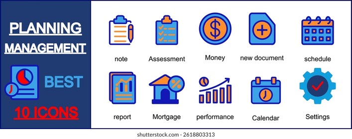 Planning Management best icon sheet collection wit note,assessment,money,new document,schedule,report,mortage,performance collection.