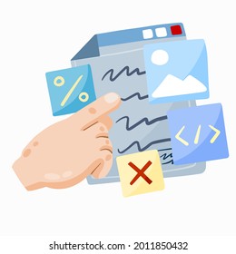 Planning and management. Business document. Page with analytical data. Index finger. Hand point to Infographics and statistics. Flat cartoon illustration isolated on white