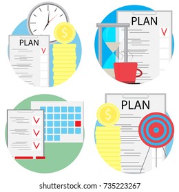 Planning and management of business set icons. Plan time, checklist marker, management and schedule, vector illustration
