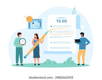 Planning and management of business tasks in to go list. Tiny people highlight checklist item with pencil, check survey or exam form, schedule and notes on paper sheet cartoon vector illustration