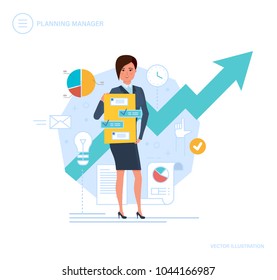 Administrador de planificación. Personal, empleado de control, gestión del tiempo, planificación de objetivos y resultados empresariales, análisis, estadísticas, investigación, cuestiones de organización. Ilustración al estilo de las caricaturas.