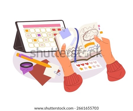 Planning memo notebook and schedule tablet. Vector management and organization sign. Timeline planner and reminder page. Strategy or productivity paper with todo list. Office handwriting or diary.