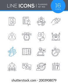 Planear aplicación móvil - conjunto de iconos de estilo de diseño de línea. Idea de administración de tareas. Plan diario, notificaciones, recordatorio, personal, completado, progreso, hacer lista, prioridad, eficiencia, equipo, comentarios, destino