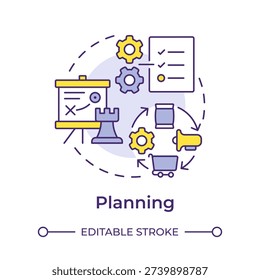 Planning multi color concept icon. Business process, corporate strategy. Project management. Round shape line illustration. Abstract idea. Graphic design. Easy to use in presentation, article