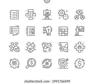 Planning. Notebook of tasks. Business model. Update project. Plan and deadline. Working, terms, time and organization. Pixel Perfect Vector Thin Line Icons. Simple Minimal Pictogram