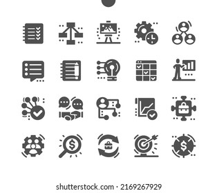 Planning. Notebook Of Tasks. Business Model. Update Project. Plan And Deadline. Working, Terms, Time And Organization. Vector Solid Icons. Simple Pictogram