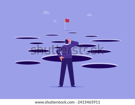 Planning and obstacle avoidance concept, businessman with many pitfalls to achieve business success